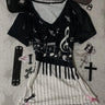 Dialune Gothic Music V-Neck Tee — Piano Keys & Notes Print for the E-Girl Who Plays by Her Own Rules