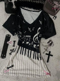 Dialune Gothic Music V-Neck Tee — Piano Keys & Notes Print for the E-Girl Who Plays by Her Own Rules