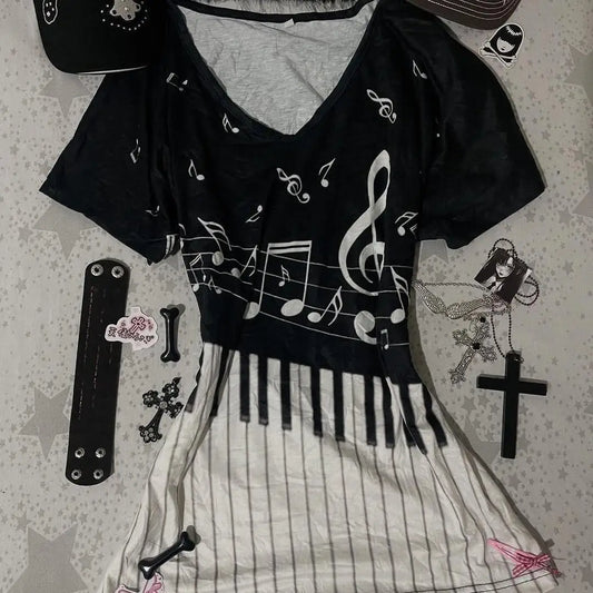Dialune Gothic Music V-Neck Tee — Piano Keys & Notes Print for the E-Girl Who Plays by Her Own Rules