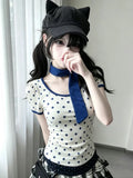 Dialune Polka Dot V-Neck Tee — Kawaii Bodycon Fit That Makes Every Sidewalk Your Runway