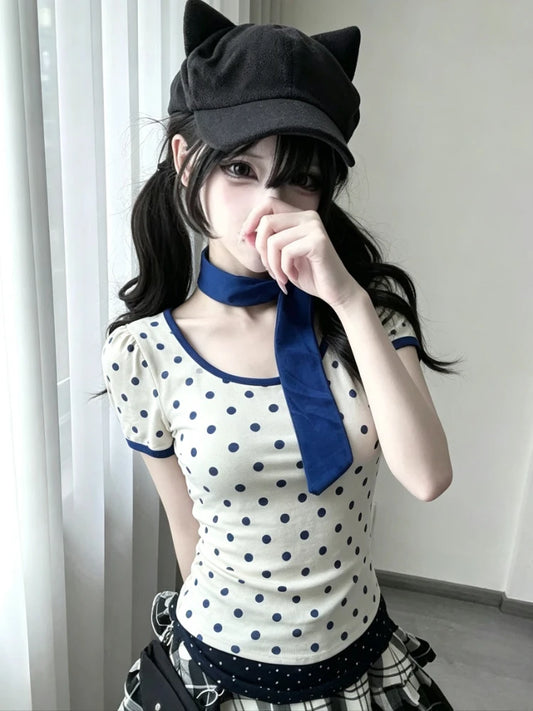 Dialune Polka Dot V-Neck Tee — Kawaii Bodycon Fit That Makes Every Sidewalk Your Runway