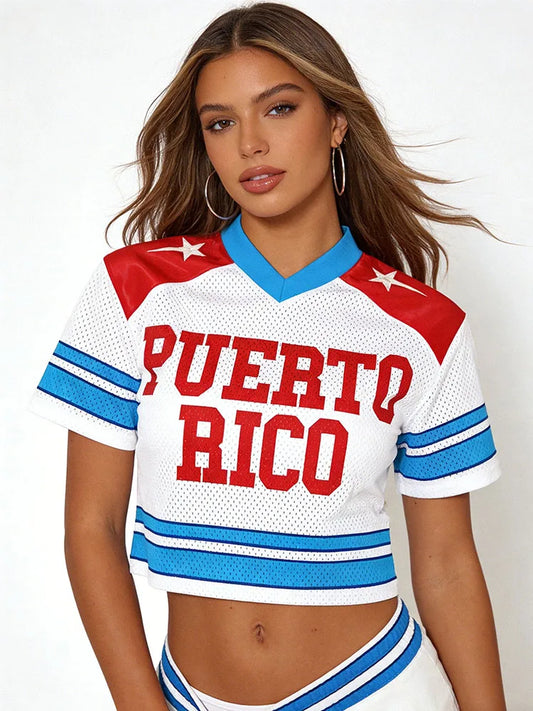 Dialune Puerto Rico Print Crop Jersey — Y2K V-Neck Streetwear That Wears Your Roots with Pride