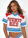 Dialune Puerto Rico Print Crop Jersey — Y2K V-Neck Streetwear That Wears Your Roots with Pride