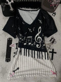 Dialune Gothic Music V-Neck Tee — Piano Keys & Notes Print for the E-Girl Who Plays by Her Own Rules